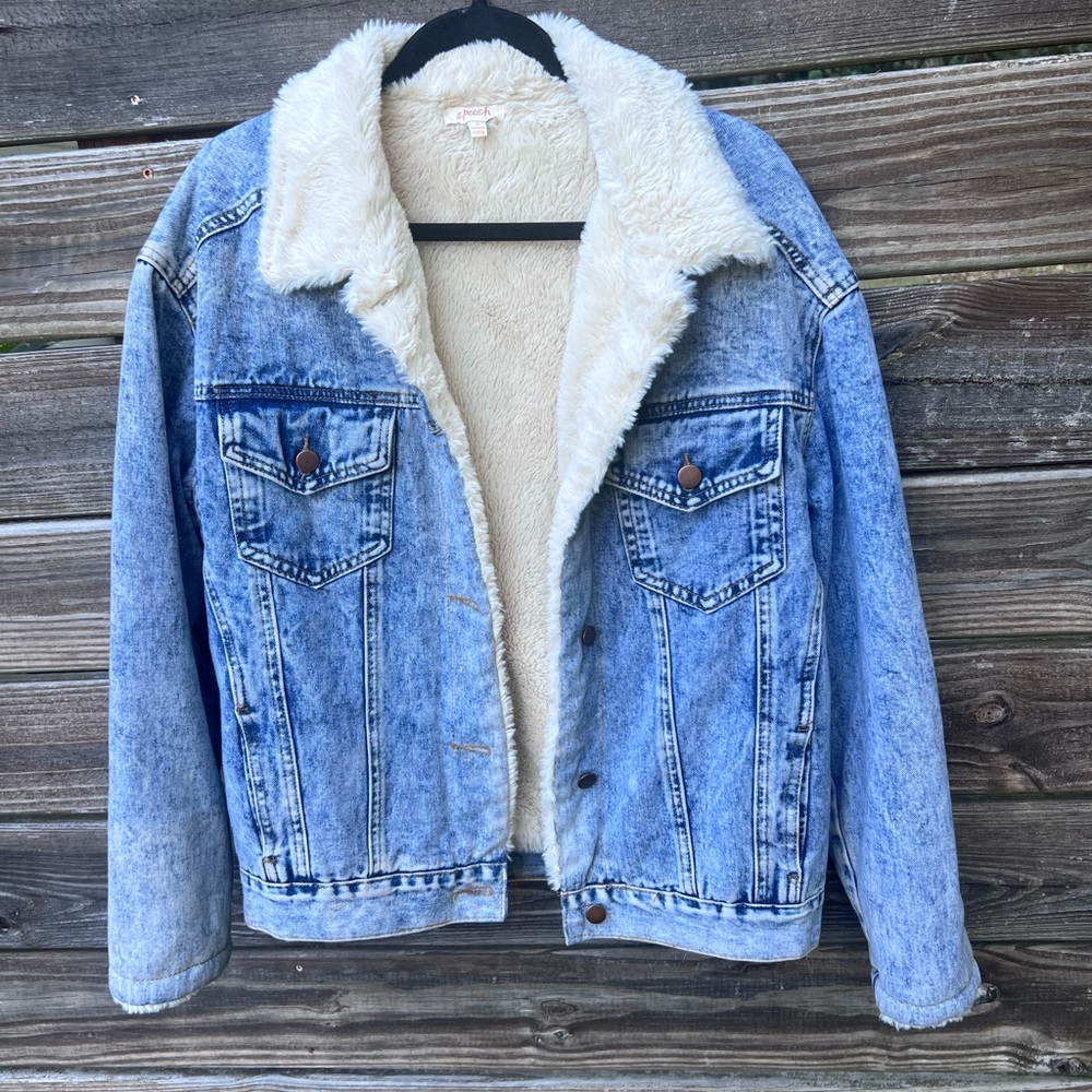 A.Peach Oversized Retro Denim Jacket Extremely Soft Faux Fur Lining - Picture 7 of 12